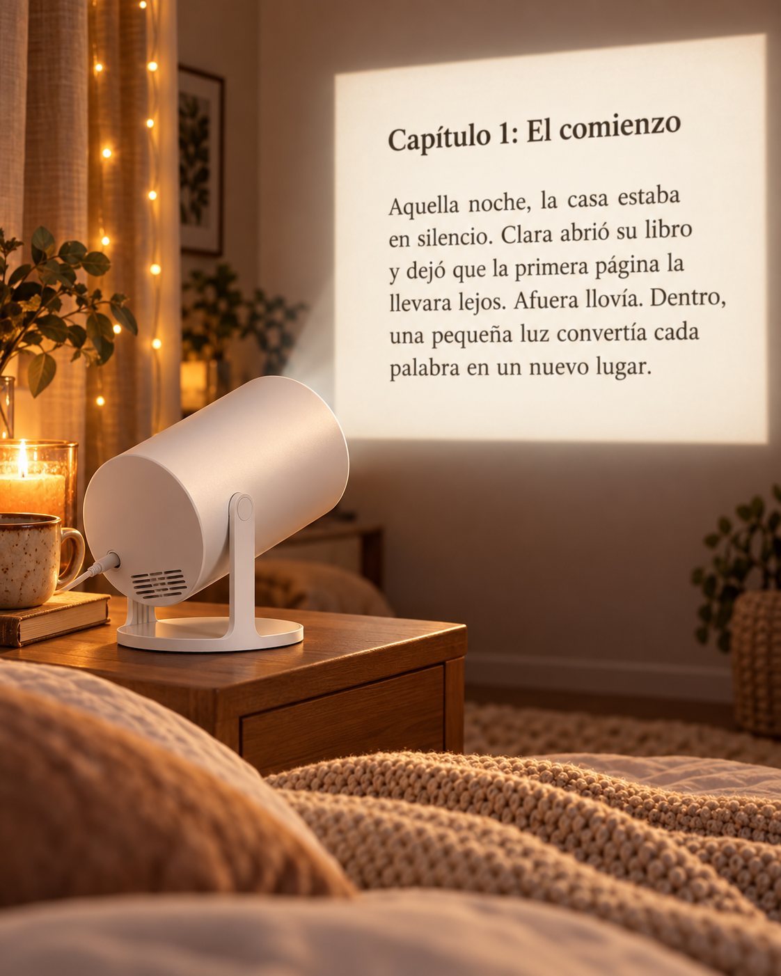 Proyector en dormitorio con una página en español